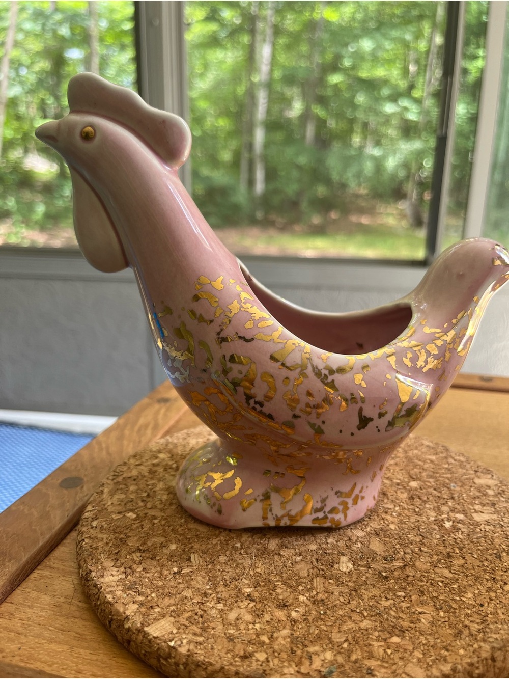 Cute vintage gold speckled and pink rooster vase